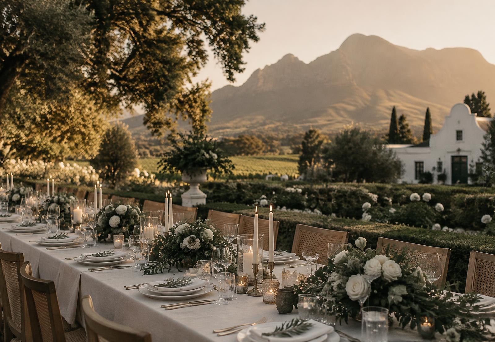 A long candlelit wedding table in a Winelands garden